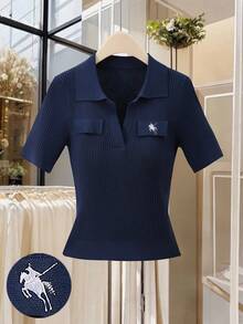 Seusyu Women's Elegant Embroidered Knight Horse Logo Knit Sweater - Blue - View 1