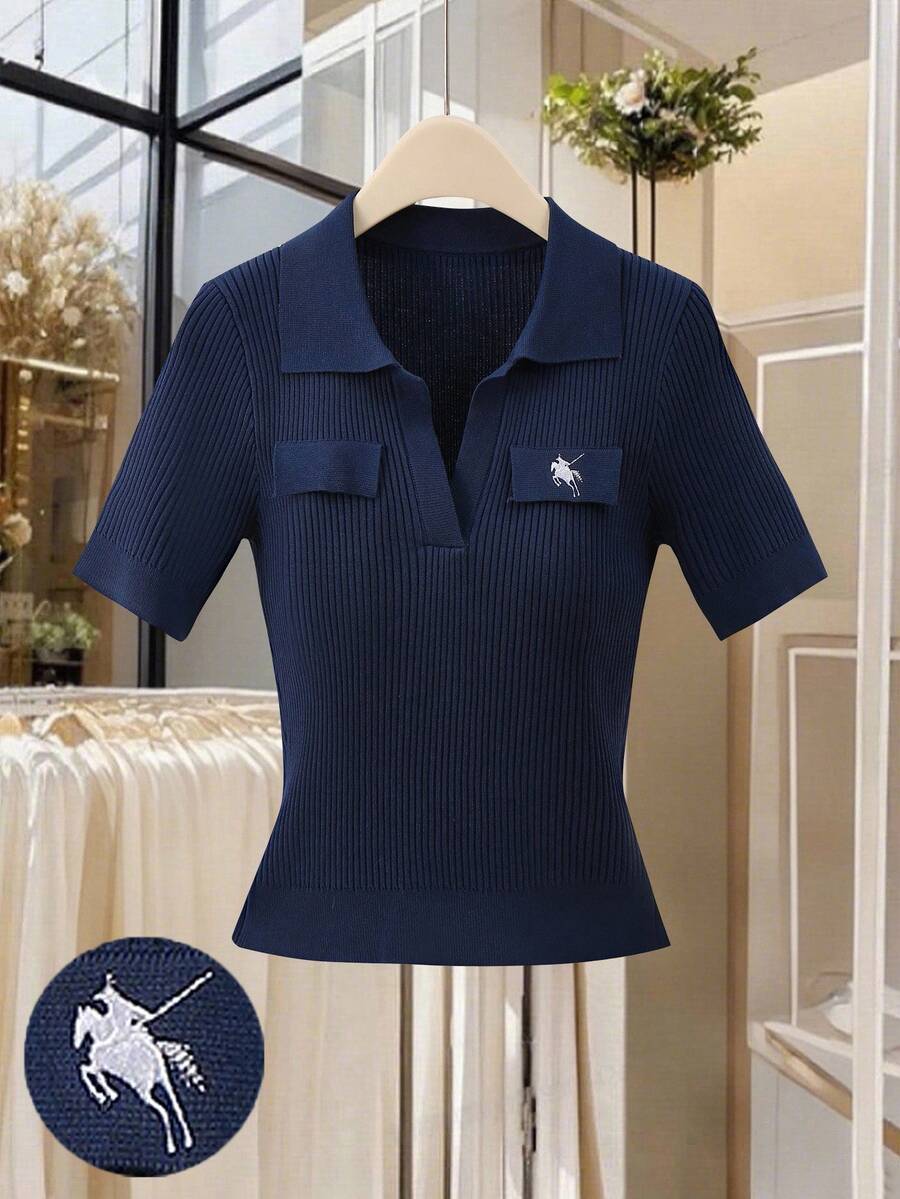 Seusyu Women's Elegant Embroidered Knight Horse Logo Knit Sweater - Blue - View 1
