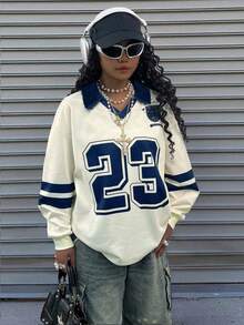 Rovax Plus Size Loose Fit Double Layer V-Neck Drop Shoulder Long Sleeve Sweatshirt