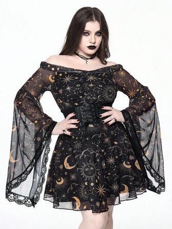 Goth Abito da donna taglie forti con stampa vintage gotica di stelle e lune, con spalle scoperte e maniche a sbuffo