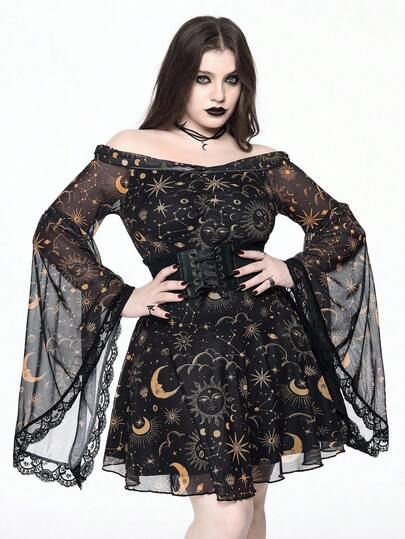 Goth Gotischer Vintage mysteriöser Stern- und Mond-Muster Off-Shoulder Kleid mit Glockenärmeln für Damen in Große Größen