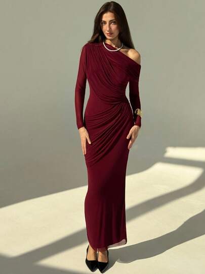 Aloruh Elegant Party One-Shoulder Pouch Long Sleeve Mesh Dress For Women,Wedding Guest Dress Women,Red Dress,Christmas,New Year Dress