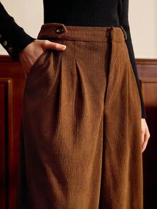Vintamour 复古经典优雅女裤，高腰纽扣门襟口袋灯芯绒长裤，咖啡色，秋冬，时尚女士裤子秋装女士冬装棕色裤子商务休闲女装 - 咖啡棕 - 查看 5