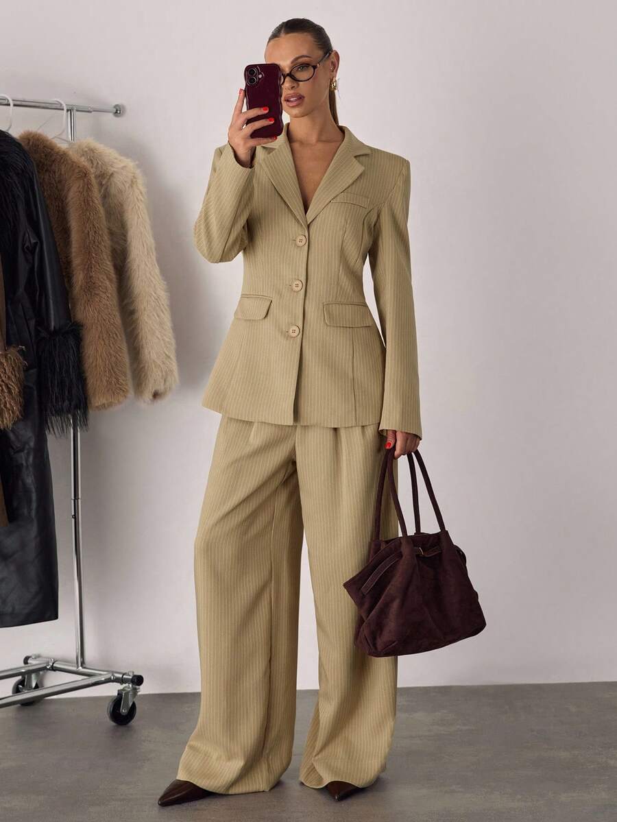 SHEIN BAE Women's Casual Commuter Minimalist Striped Print Low-Rise Wide-Leg Pants Perfect For Commuting And Work Attire, Suitable For Daily Professional Wear Straight-Leg Tailored Trousers Autumn Winter Clothes For Women - Yellow - View 1