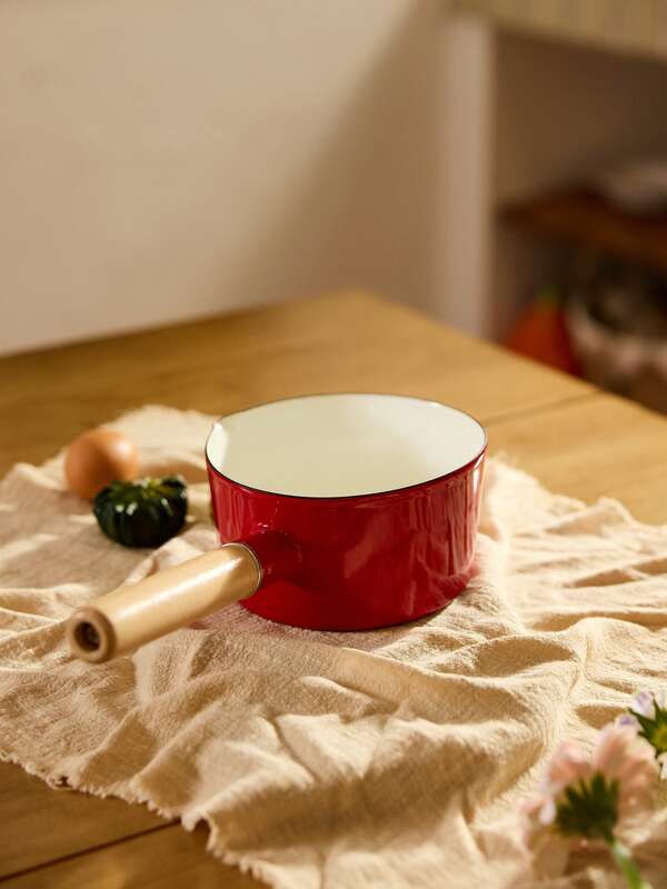 Cirelle 1pc Enamel Lip Edge Uncovered Spout Marked Single Handle Wood Handle Milk Pot, Cooking Noodles, Porridge For Babies, Enamel Vintage Style Single Handle Small Milk Pot, Cooking Soup, Noodles, Suitable For Induction, Gas Stove