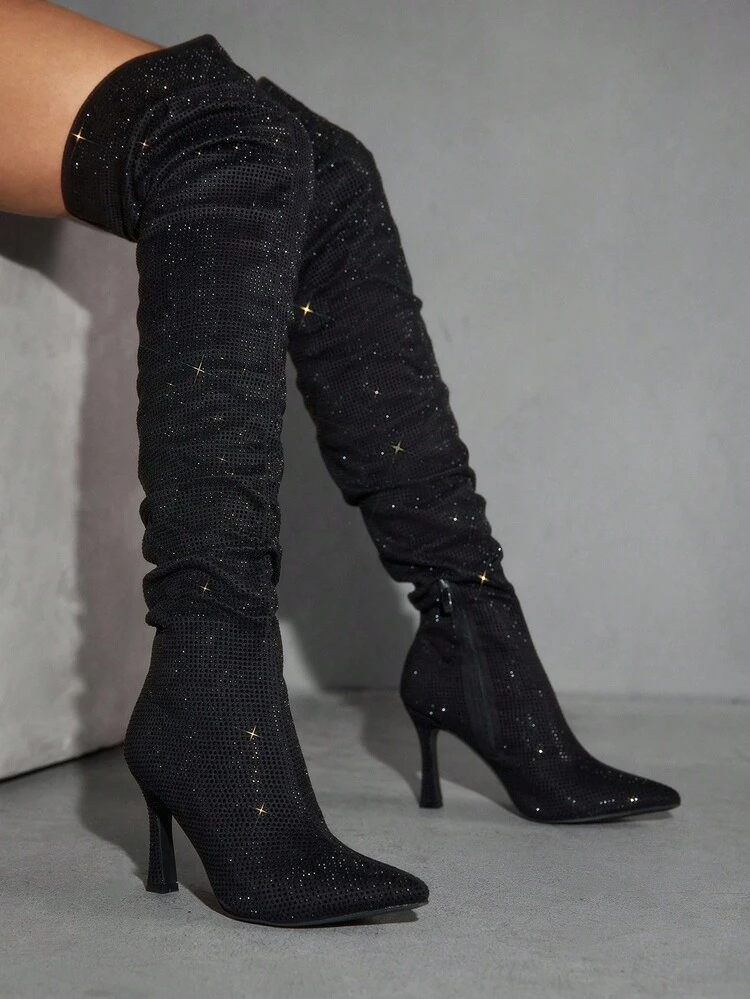 CUCCOO SZL Fashionable Pointed Toe Rhinestone Embellished Stiletto Heel Black Thigh High Boots, Sexy & Glamorous For Performance, Party, Nightclub, Women Over-The-Knee Super High Heel Boots For Christmas Spring Shoes
