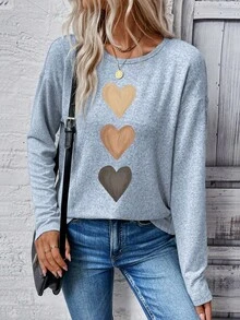 EMERY ROSE 女士心形印花圆领长袖休闲百搭大码T恤，秋冬新品畅销款 - 藍色 - 查看 3