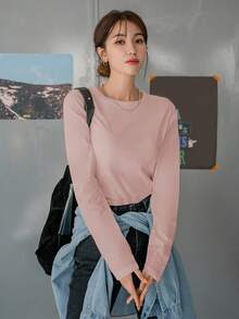 DAZY Women's Fitted Solid Color Round Neck Long Sleeve Base Layer T-Shirt - Pink - View 6