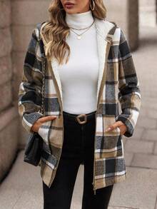 SHEIN 女士优雅成熟连帽格子仿皮毛拉链口袋常规夹克 - 灰色 - 查看 4