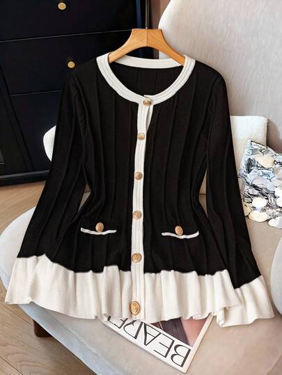 SHEIN Tall CURVE Tall Women's Elegant Knit Cardigan: The Classic Black And White Color Scheme Is Timeless And Sophisticated. The Slim-Fit Silhouette Flatters The Proportions Of Tall Women. The Round Neckline And Metal Buttons Create A Vintage-Inspired, Refined Look, While The Ruffled Hem Adds A Touch Of Softness. Whether For The Office Or Everyday Wear, This Cardigan Will Help You Achieve A Polished, Elegant Aesthetic.