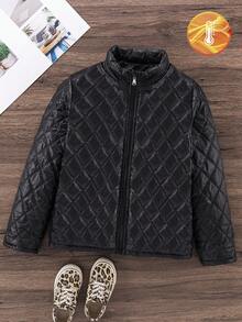 Tween 女童休闲百搭菱形绗缝立领保暖棉服外套，适合秋冬季 - 黑色 - 查看 5