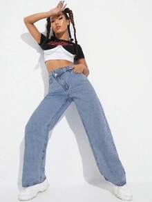 SHEIN ICON Plus Size Women Asymmetrical Waist Personalized Fashion Denim Pants, Autumn