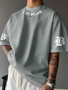 Manfinity EMRG Men's Casual Letter Print Short Sleeve T-Shirt, Summer Streetwear Shirt Men Slogan Graphic Drop Shoulder Tee Y2k Grey Shirt Men