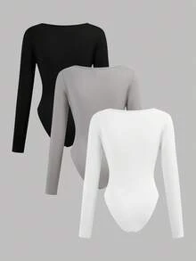 SHEIN Girlism Teen Girls' Casual Teen Girls 3pcs/Set Black White Gray Square Collar Knit Solid Color Long Sleeve Snap Front Bodysuit Buy 1 Get 2 Free, Autumn Winter Fall Outfits Festival, Halloween, Christmas, New Year, Christmas Gift Great For Casual & Daily Wear & School Daily In Autumn & Winter Suitable For Autumn/Winter Daily Wear,Street Style, Home 3 Packs Tops - Multicolor - View 2