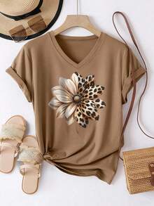 INAWLY 豹纹拼布花卉印花休闲圆领短袖T恤女款夏季 - 棕色 - 查看 3