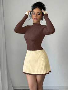 Selianne 秋冬新款复古简约拼布修身针织毛衣裙女 - 咖啡棕 - 查看 7