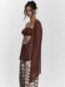 MUSERA Mesh Extreme Scoop Neck Cut Out Asymmetric Long Sleeve Bandeau Top Sexy Going Out Autumn Fall Night Out Winter Cute Streetwear Feraux Spring - Burgundy - View 4