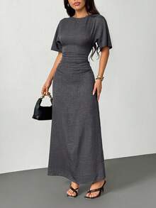 SHEIN PETITE Women's Summer Solid Color Linen Blend Casual Elegant Dress, - Dark Grey - View 6