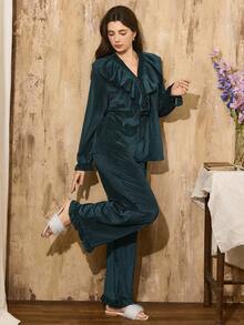 Ruffled Collar Drawstring Velvet Mature Minimalist Elegant Long Sleeve Women Pajama Set, Fall Winter Clothes - Dark Green - View 4