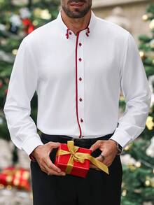 Manfinity CasualCool Men's Long Sleeve Shirt With Red Trim, Suitable For Business, Dates, Parties, Holidays And Various Occasions Business Shirts Red And White Shirts For Men Formal Shirts Wedding Shirts For Men Dress Shirt For Men Red,Christmas Costumes - White - View 4