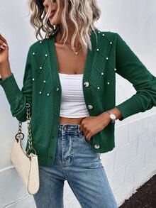 EMERY ROSE Áo khoác cardigan dài tay màu trơn họa tiết ngọc trai giả cho nữ, mùa thu - màu xanh lá - Xem 6