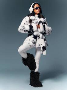 SHUZIA 时尚女式中筒黑色人造毛皮毛绒蓬松毛茸茸温暖舒适冬季节日平底靴 - 黑色 - 查看 5