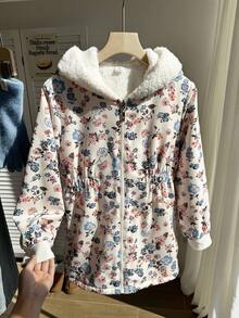 SHEIN 二合一女童花卉人造毛皮和黑色双面长袖风衣夹克，适合秋冬季，中长款外套，可搭配连衣裙、毛衣、高领衫、裤子、裙子 - 彩色 - 查看 5