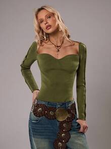 SHEIN TRNDY 1pc Women's Green Military Knit Sweater, Unique Versatile Square Collar, Button Sleeve Design, Slit Hem, Fashionable & Suitable For Commuting And Casual Wear, Autumn/Winter - Army Green - View 1