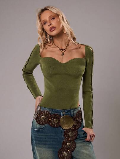 SHEIN TRNDY 1pc Women's Green Military Knit Sweater, Unique Versatile Square Collar, Button Sleeve Design, Slit Hem, Fashionable & Suitable For Commuting And Casual Wear, Autumn/Winter