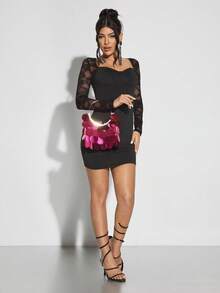 SHEIN SXY 女士手提包、晚装包、亮片、大亮片、时尚、优雅、简约、个性化、多功能、金属手柄、适合鸡尾酒会、派对、舞会、俱乐部、约会、生日、晚会、约会之夜、宴会 - 玫紅色 - 查看 8