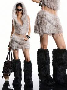 LYSMO Y2K 风格女士蓬松短裙，秋冬 - 灰色 - 查看 1