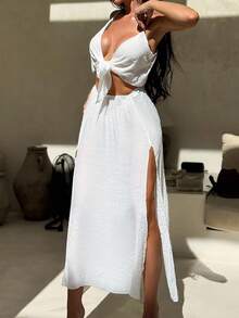 SHEIN Swim unicolor con nudo delantero Top de pareos & de muslo con abertura Falda - Blanco - Ver 5