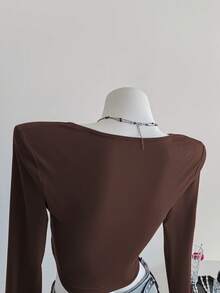 SHEIN Unity Áo thun nữ tay dài ngắn đơn giản màu trơn phong cách tối giản - màu nâu - Xem 6