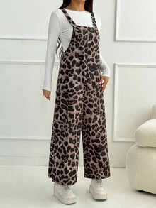 SHEIN PETITE Mono holgado con bolsillo y estampado de leopardo para mujer, otoño/invierno