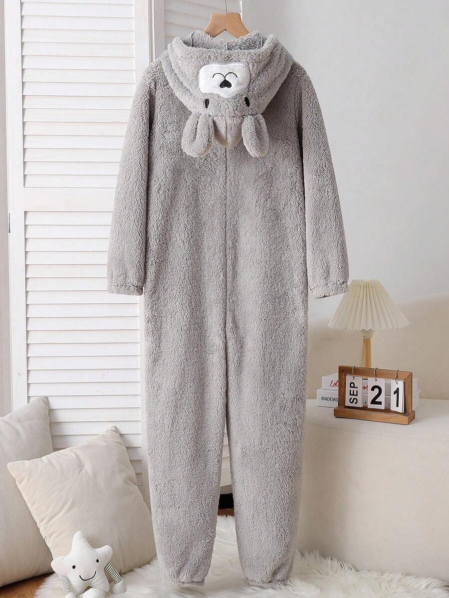 女童灰色毛绒刺绣熊毛绒长袖连帽连体裤家居服 - 灰色 - 查看 1