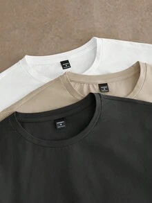 HIMLAND 3pcs Pack Men's Summer Solid Color Round Neck Short Sleeve Casual T-Shirt