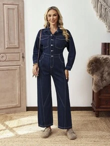 SHEIN LUNE Casual Long Sleeve Denim Jumpsuit, Suitable For Commuting In Autumn - Dark Wash - View 7