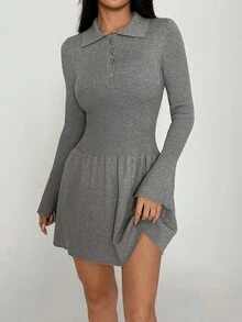 SHEIN MOOSTA Women's Casual Solid Color Half-Zip Knit Dress - Grey - View 4