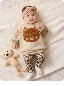SHEIN 新生女婴可爱卡通图案针织长袖卫衣裤子套装，秋冬 - 杏色 - 查看 9