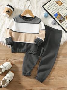 SHEIN 2pcs/Set Young Boys Casual Raglan Loose Striped Crew Neck Sweater Top And Ribbed Hem Pants Set, Suitable For Autumn/Winter Wear, Homewear And Outings, Thick Collegiate Style