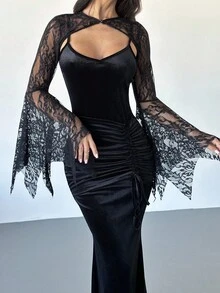 Firerie Damen Gothic elegantes Spitzenkleid mit Fledermausärmeln, geraffter Tunnelzugbund, Meerjungfrauensaum, Samtgewebe, Schwarz, geeignet für Halloween - Schwarz - Übersicht 8