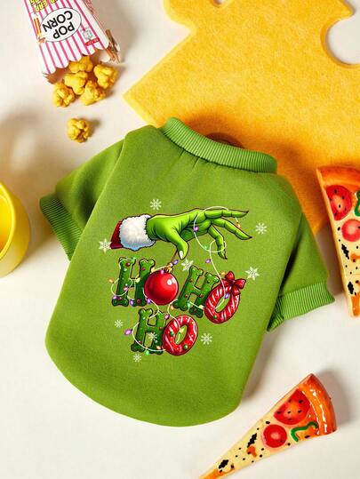 PETSIN 1pc Green Greentown Christmas Pet Hoodie Hohoho Printed Pet Thick Warm Clothes