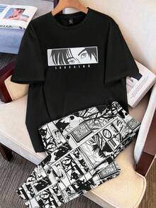 Manfinity Joysei Men's Minimalist Cartoon Print T-Shirt Set, Suitable For Casual, Sports