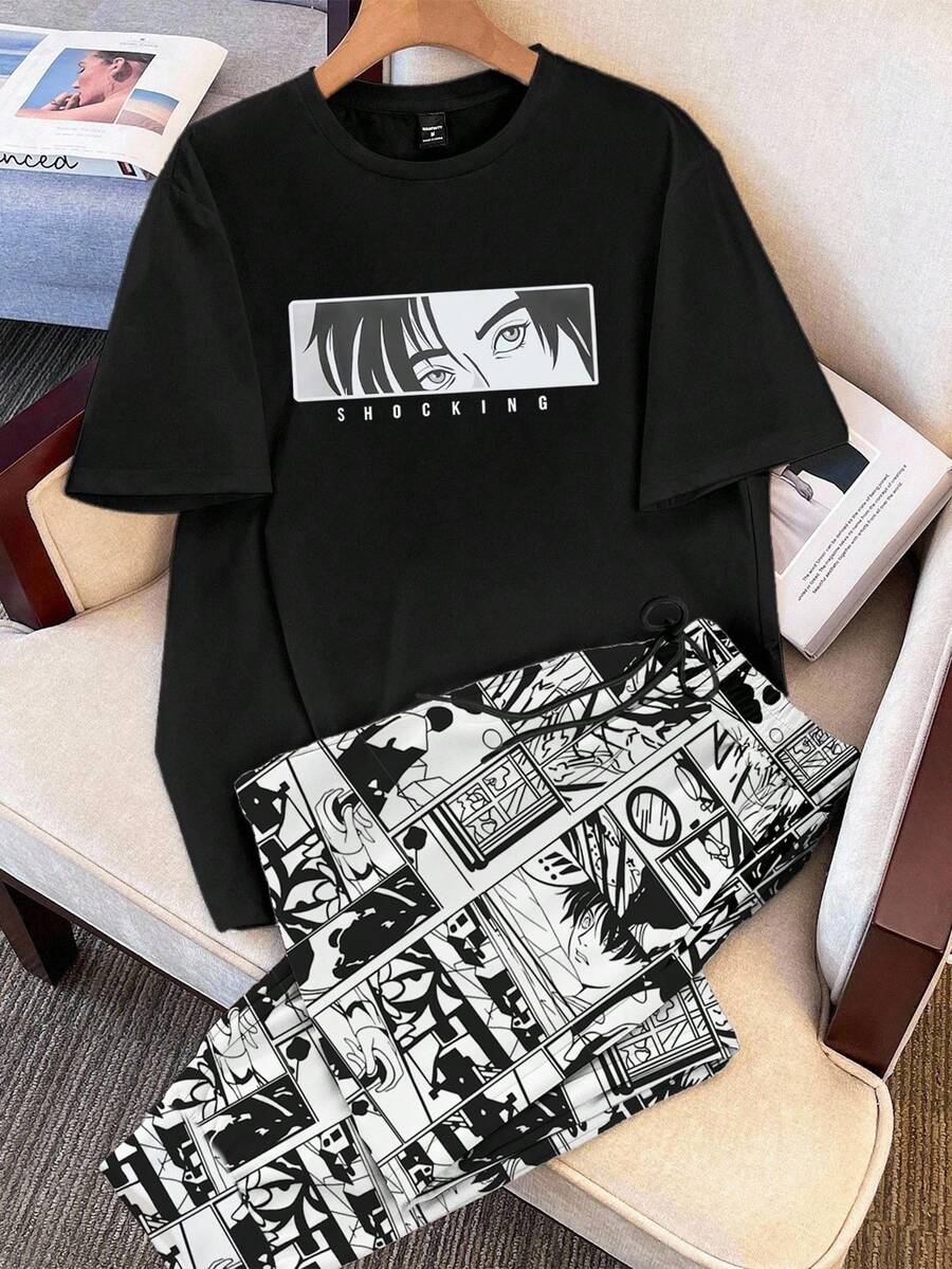 Manfinity Joysei Men's Minimalist Cartoon Print T-Shirt Set, Suitable For Casual, Sports