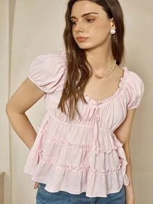 Cévolie 大码女装秋季新款蝴蝶结荷叶边下摆甜美衬衫 - 淺粉色 - 查看 1