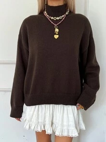 DAZY 女士宽松休闲高领套头毛衣，棕色，商务/通勤风格，秋冬 - 棕色 - 查看 6