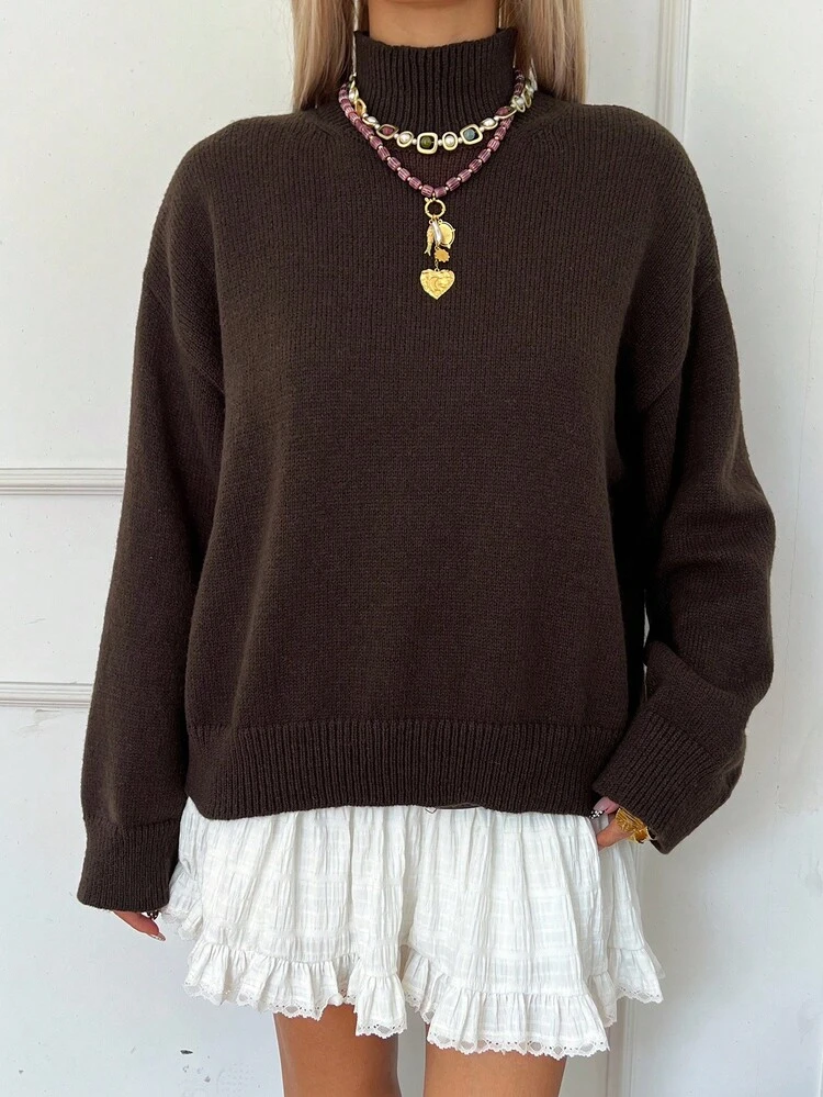 Women's Loose Casual High Neck Pullover Sweater, Brown, Business/Commute Style, Autumn/Winter