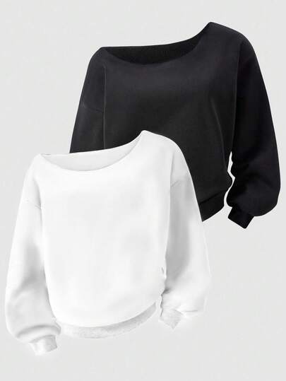 2 Stücke/Set Teenager Mädchen Lässig Schulterfrei Bequem Vielseitig Thermisch Gefüttert Langarm Sweatshirt, Herbst/Winter