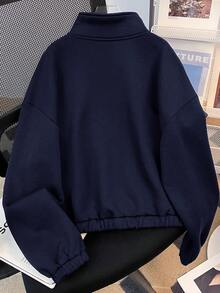 SHEIN 少女海军蓝落肩拉链半开襟短款运动衫 - 藏蓝色 - 查看 2