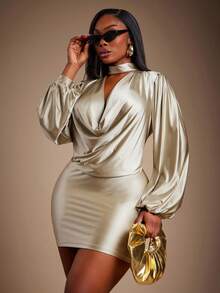 SHEIN SXY Váy tay đèn lồng cổ bèo kim loại thời trang gợi cảm cỡ lớn - Rượu sâm banh - Xem 5